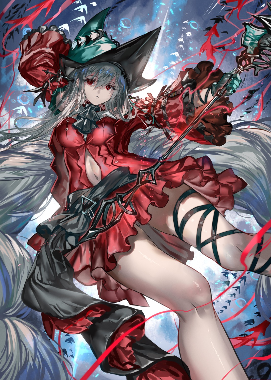 arknights, dress, garter, ranou, skadi_(arknights), skirt_lift, weapon, witch