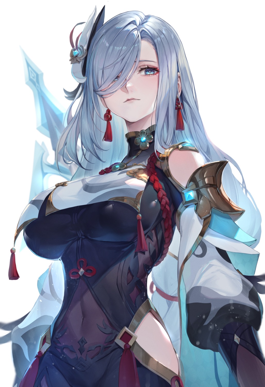 asian_clothes, bodysuit, genshin_impact, shenhe, watao, weapon