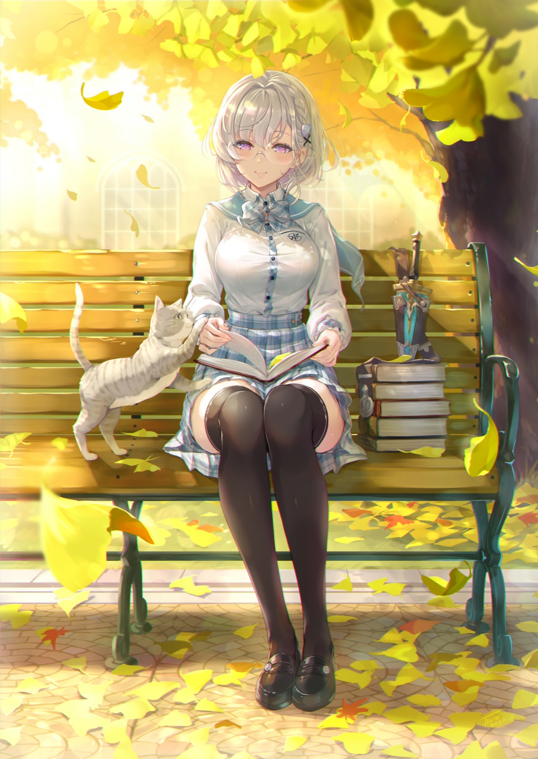 megane, neko, seifuku, tel-o, thighhighs, weapon