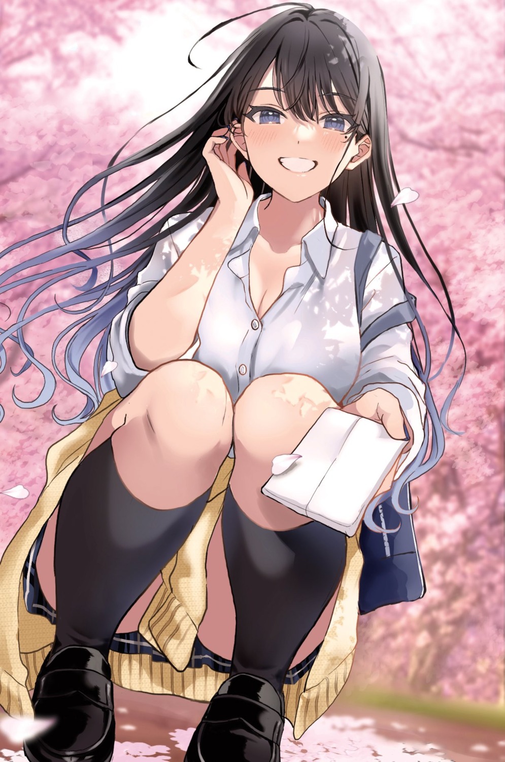 cleavage, hamu, sasagawa_ayano, seifuku, skirt_lift, sweater