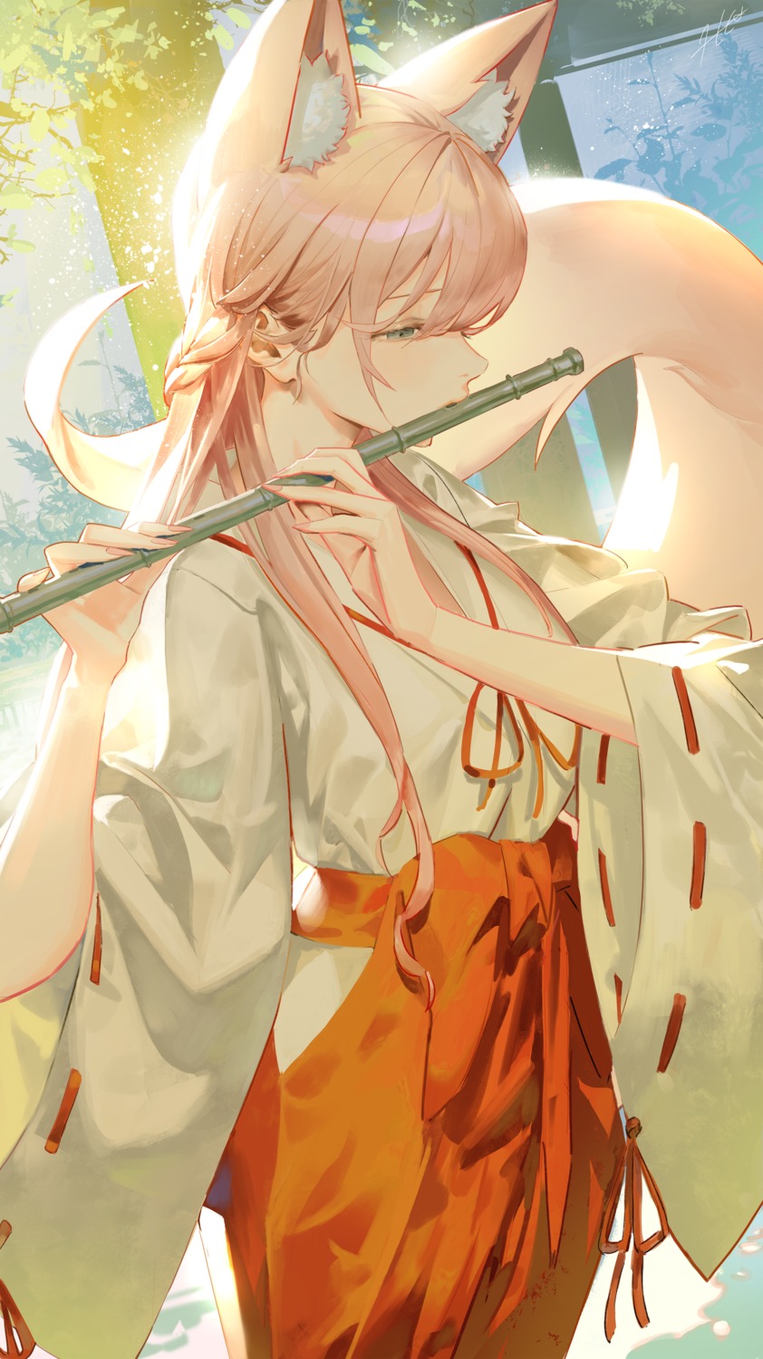 animal_ears, jung_wonjo, kitsune, miko, tail