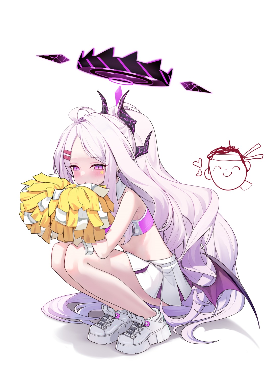 blue_archive, cheerleader, cosplay, devil, dpea9, halo, horns, nekozuka_hibiki, sketch, skirt_lift, sorasaki_hina, wings