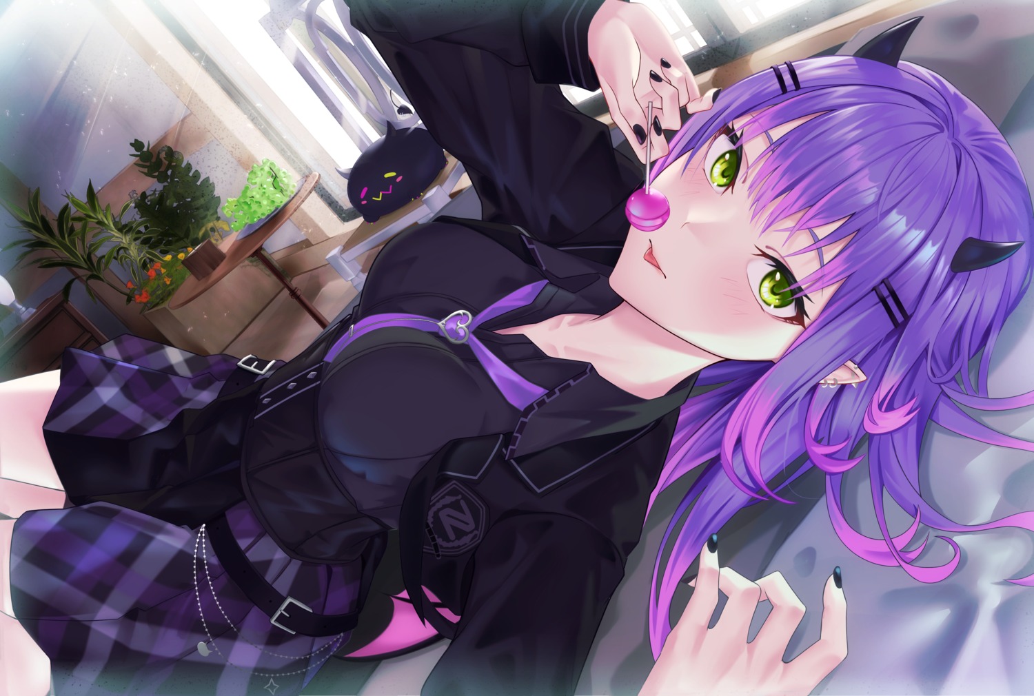 apple_t_(ringotyasan), hololive, horns, pointy_ears, seifuku, tokoyami_towa