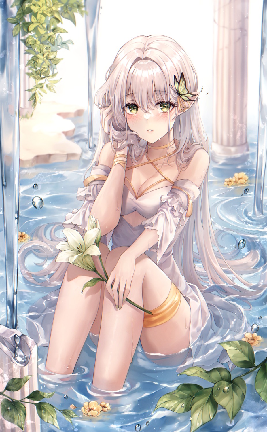 dress, garter, pippin_sol, pointy_ears, wet, wet_clothes