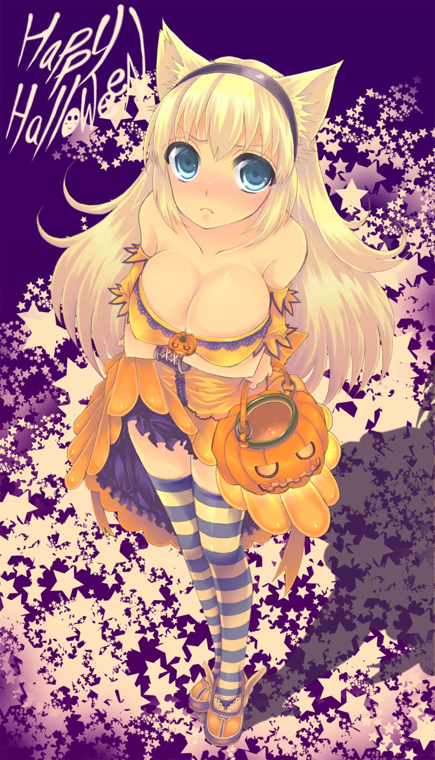 animal_ears, breast_hold, cleavage, halloween, nekomimi, sakurai_unan, thighhighs
