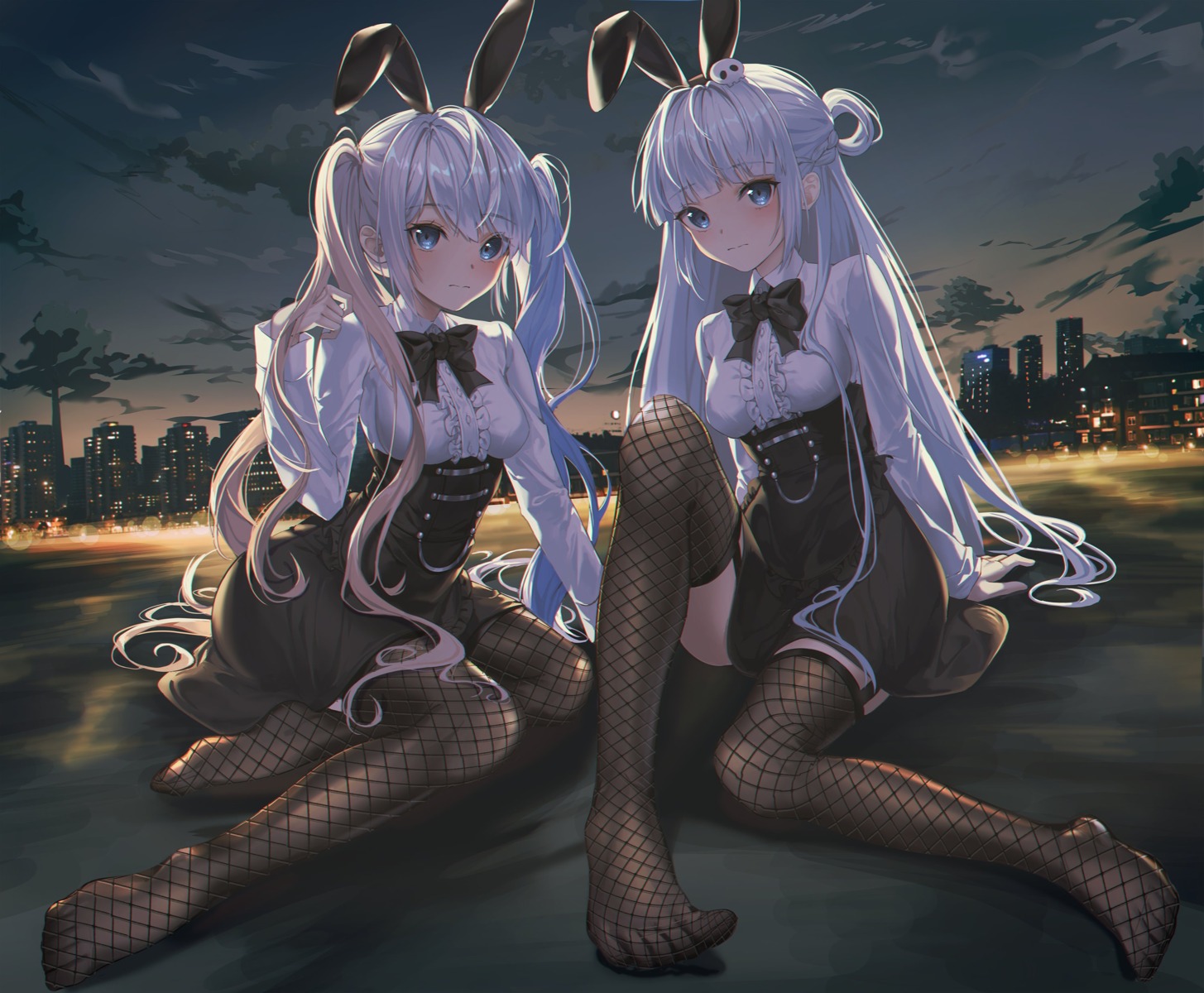 animal_ears, bunny_ears, feet, fishnets, kuro_(rudyan0128), pantyhose, see_through, skirt_lift, stockings, thighhighs