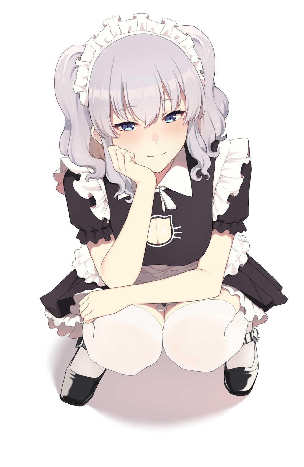 cleavage, kantai_collection, kashima_(kancolle), maid, takaman_(gaffe), thighhighs