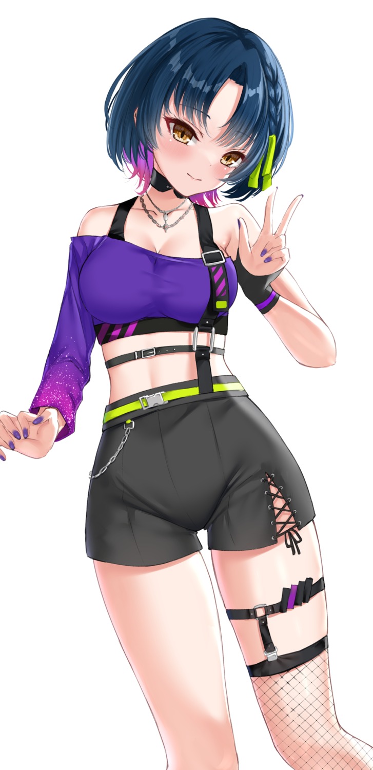 cleavage, fishnets, garter, ncontrail_(mgax7527), nijisanji, no_bra, stockings, thighhighs, yamagami_karuta
