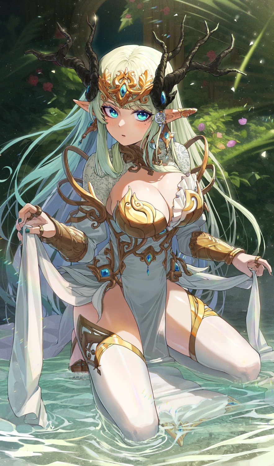 dress, elf, horns, kokukyukeo, no_bra, pointy_ears, thighhighs, wet