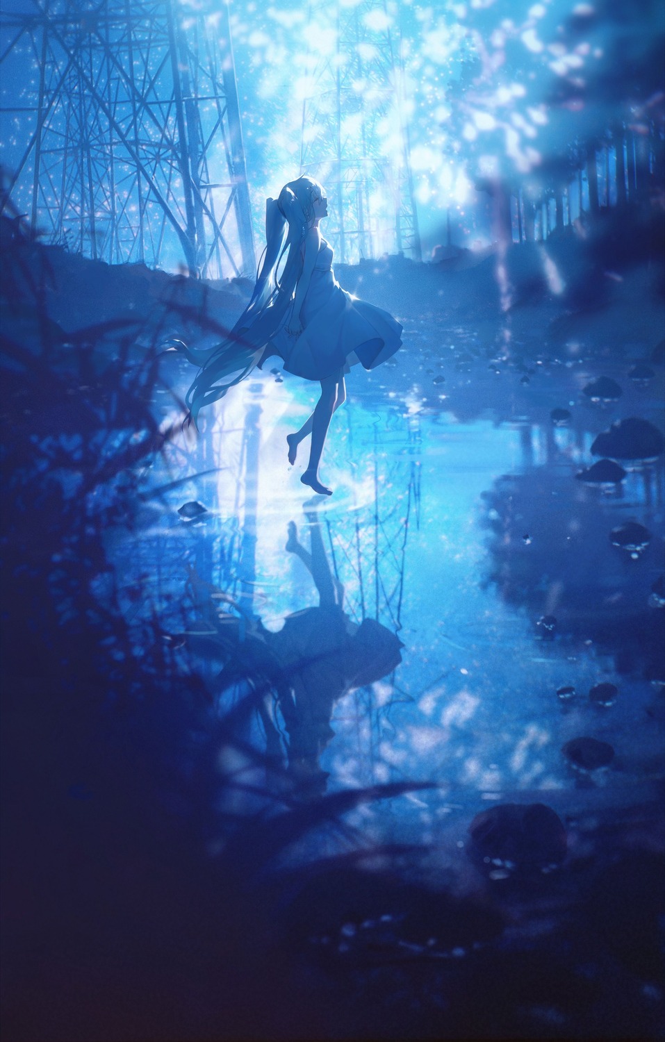 dress, hatsune_miku, konya_karasue, landscape, see_through, skirt_lift, vocaloid, wet