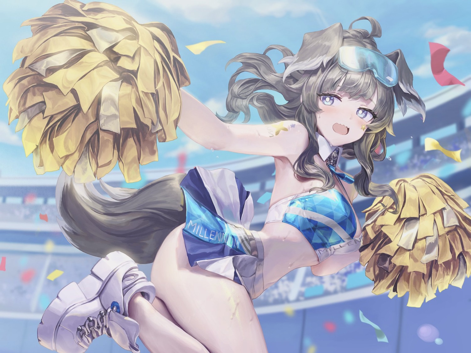 animal_ears, blue_archive, cheerleader, gesoking, inumimi, nekozuka_hibiki, no_bra, skirt_lift, tail, tattoo, wet