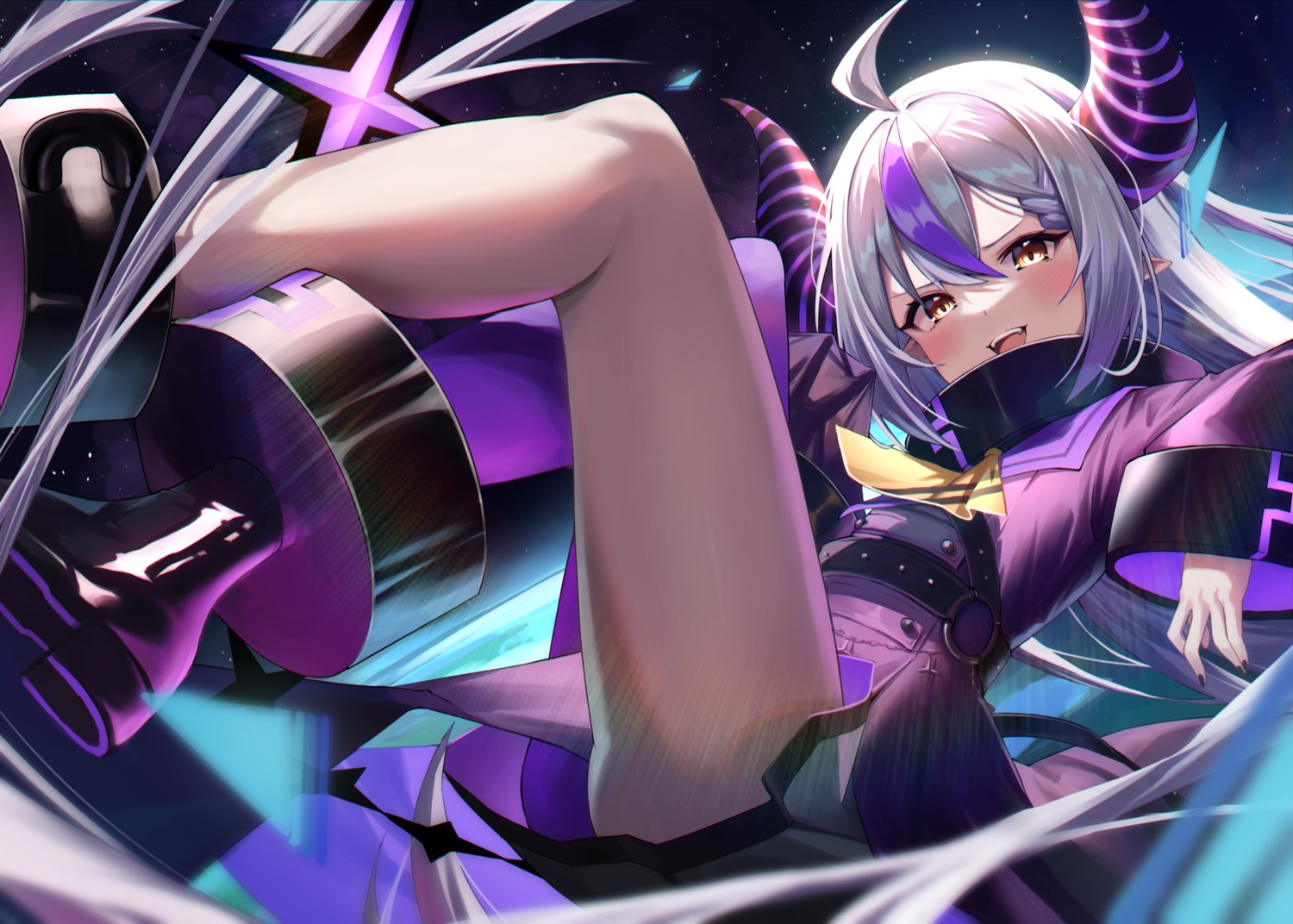 clrawing, dress, hololive, horns, la+_darknesss, pointy_ears, tail, thighhighs