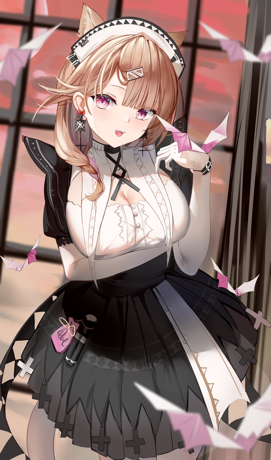 animal_ears, arknights, ban_tang, cleavage, gothic_lolita, kazemaru_(arknights), lolita_fashion, nekomimi