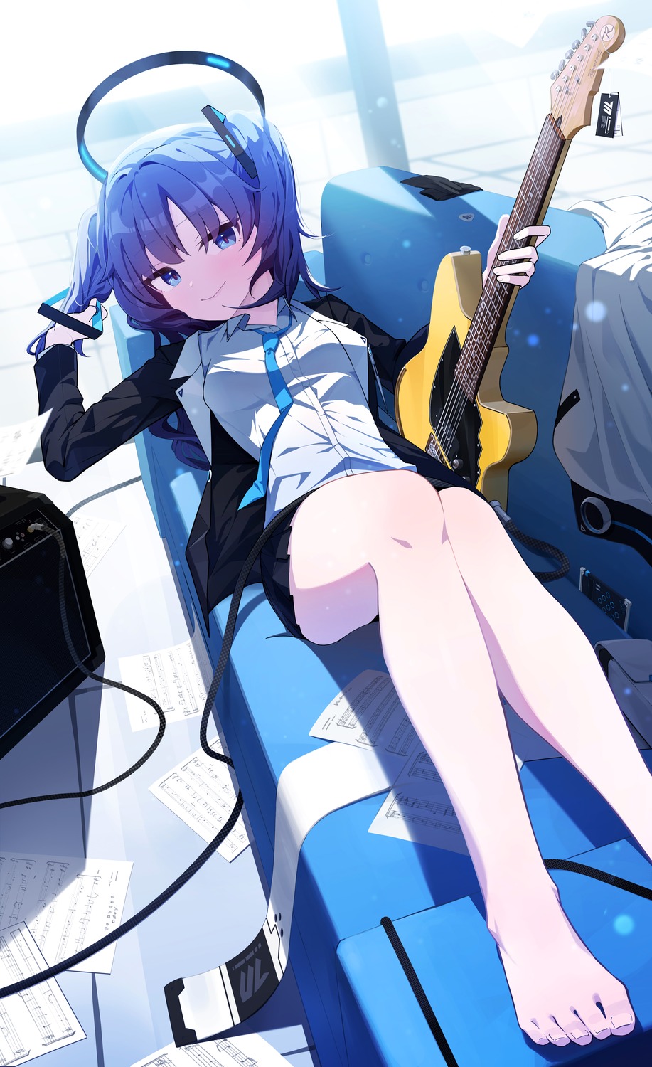 blue_archive, feet, guitar, halo, hayase_yuuka, nasan_(coldtime), seifuku