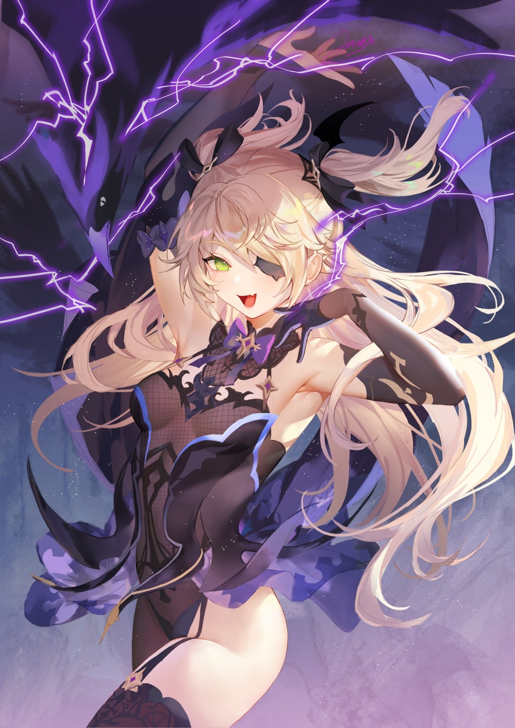 artist_revision, criin, eyepatch, fischl, fishnets, genshin_impact, no_bra, oz_(genshin_impact)