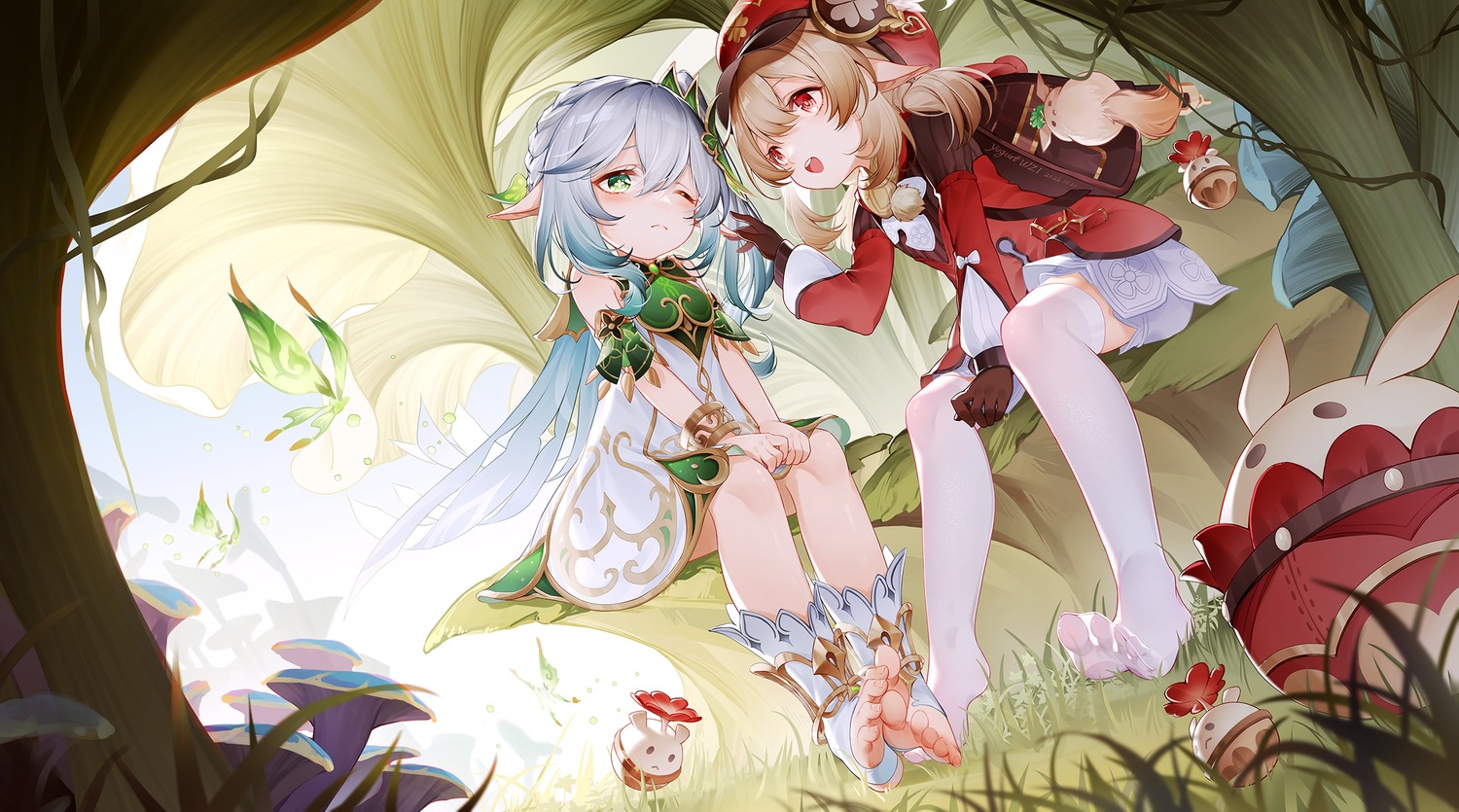 dress, feet, genshin_impact, klee, nahida, pointy_ears, see_through, skirt_lift, suannai_wanzi, thighhighs