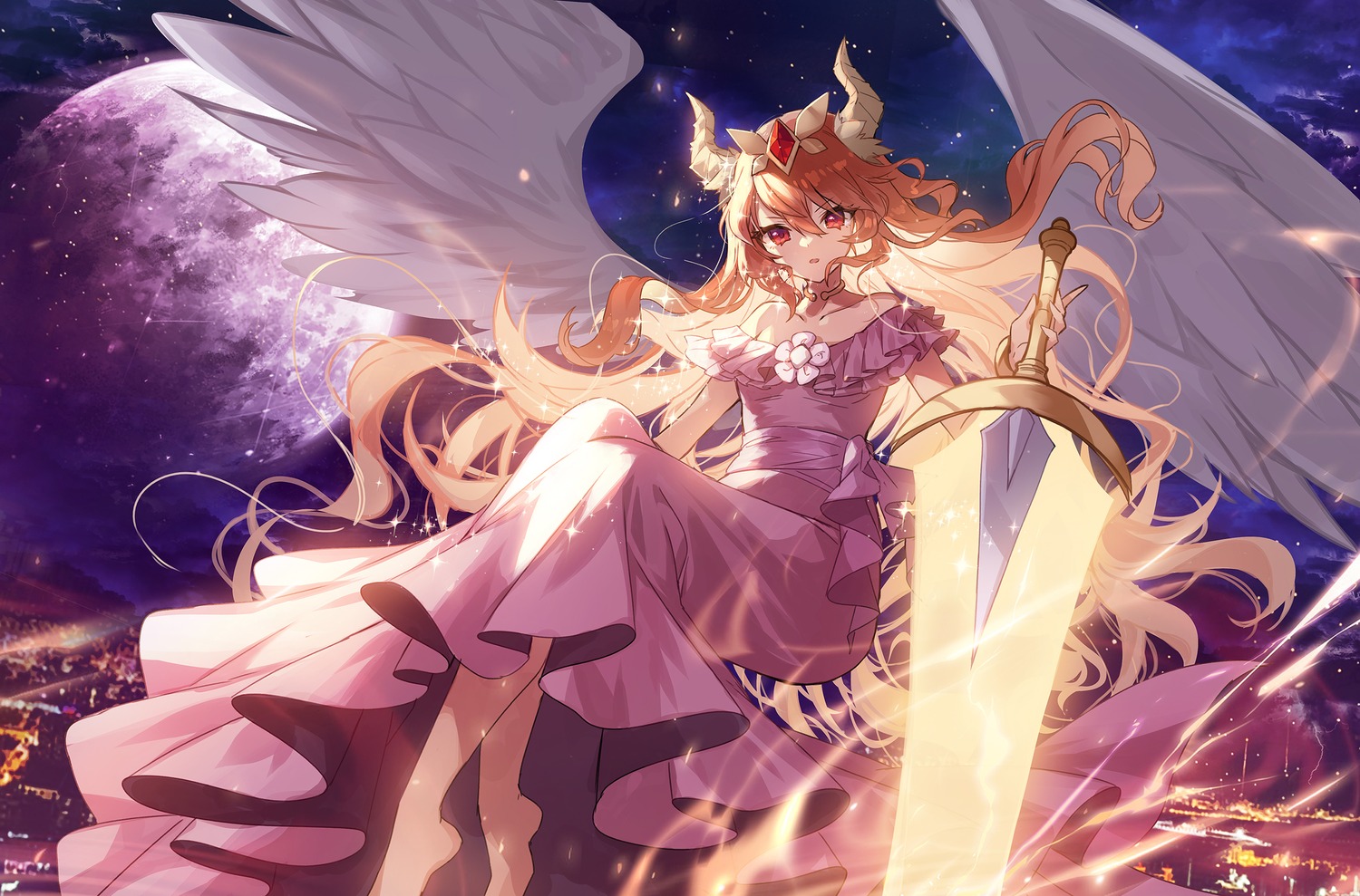 apple_caramel, dress, horns, maplestory, sword, wings