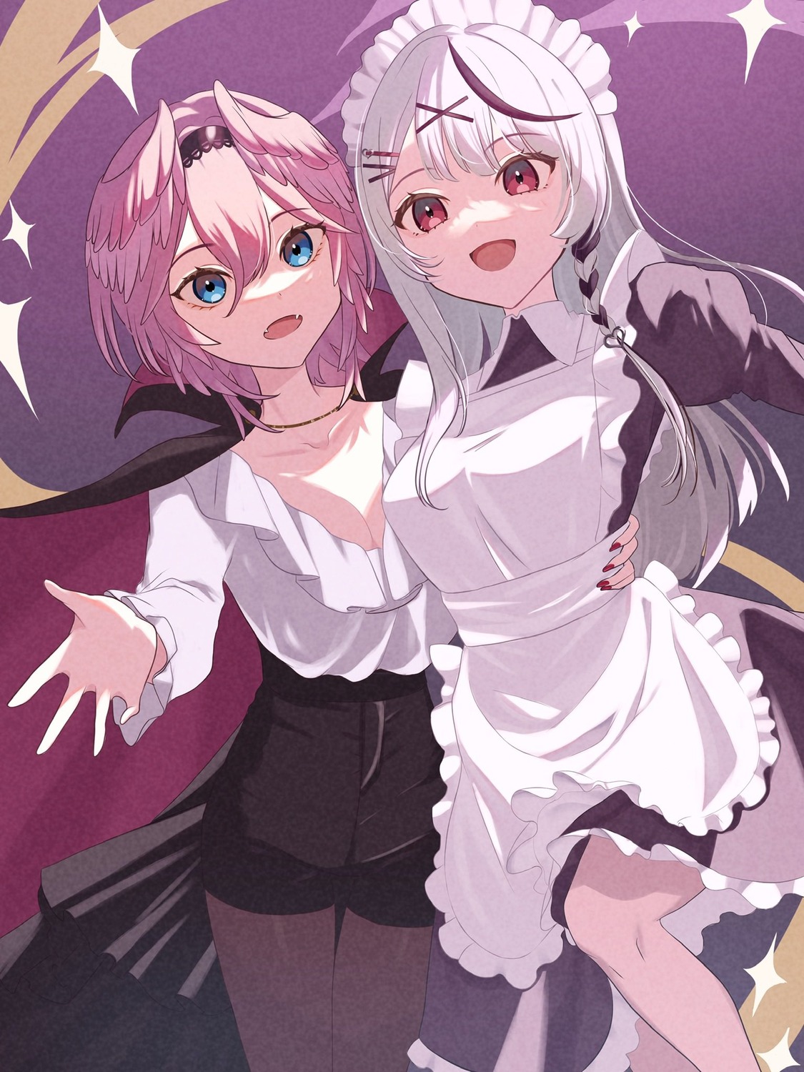 cleavage, hololive, maid, pantyhose, sakamata_chloe, takane_lui, wings, yamagamiamami