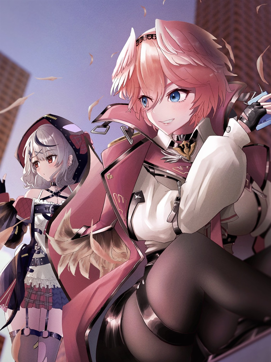 garter, gogogoiru, hololive, no_bra, pantyhose, sakamata_chloe, stockings, takane_lui, thighhighs, torn_clothes, uniform, wings