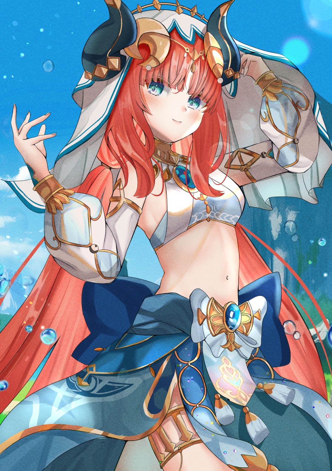 garter, genshin_impact, horns, mitsu336, nilou, no_bra, skirt_lift