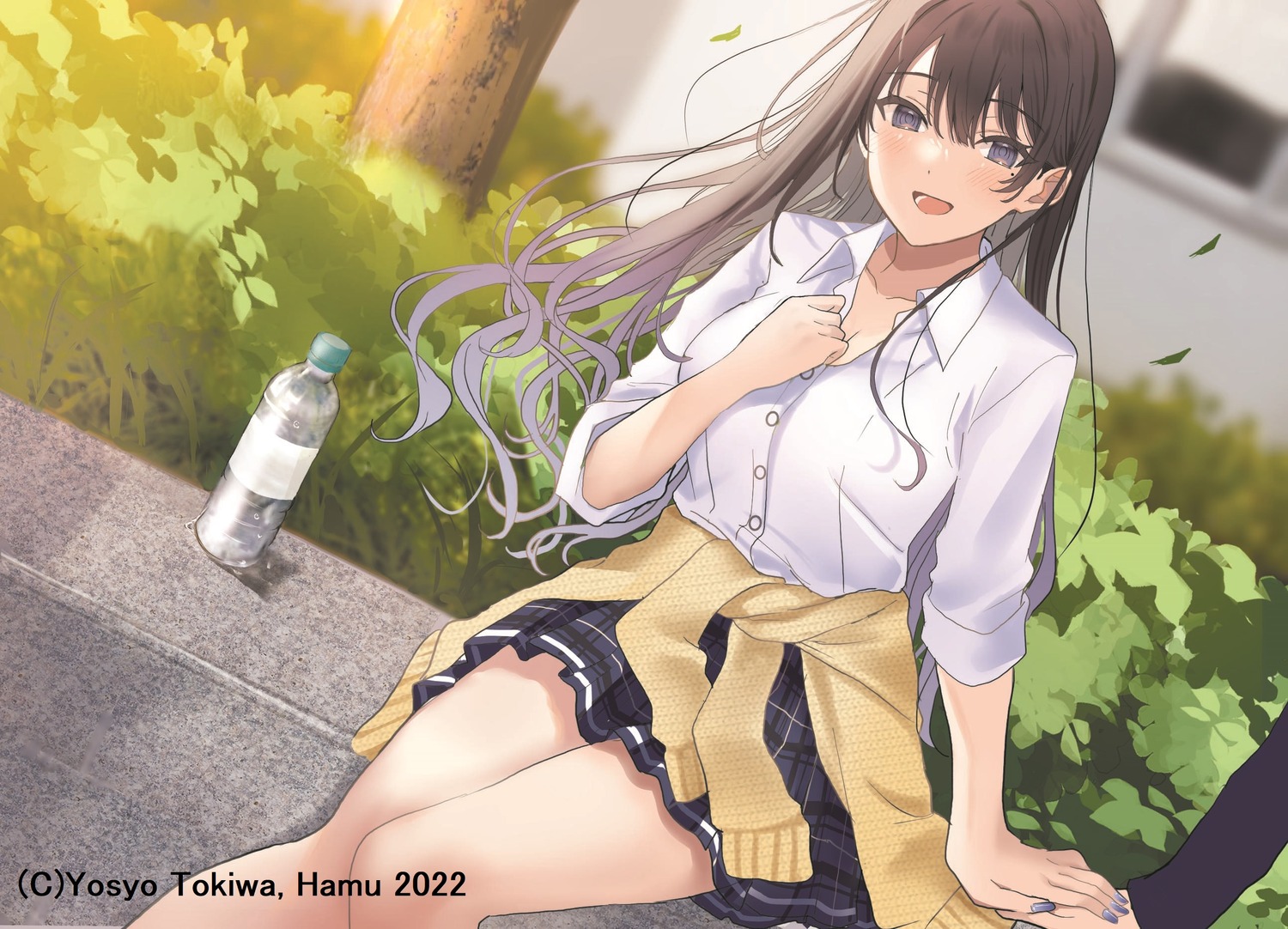 breast_hold, cleavage, hamu, sasagawa_ayano, seifuku, sweater