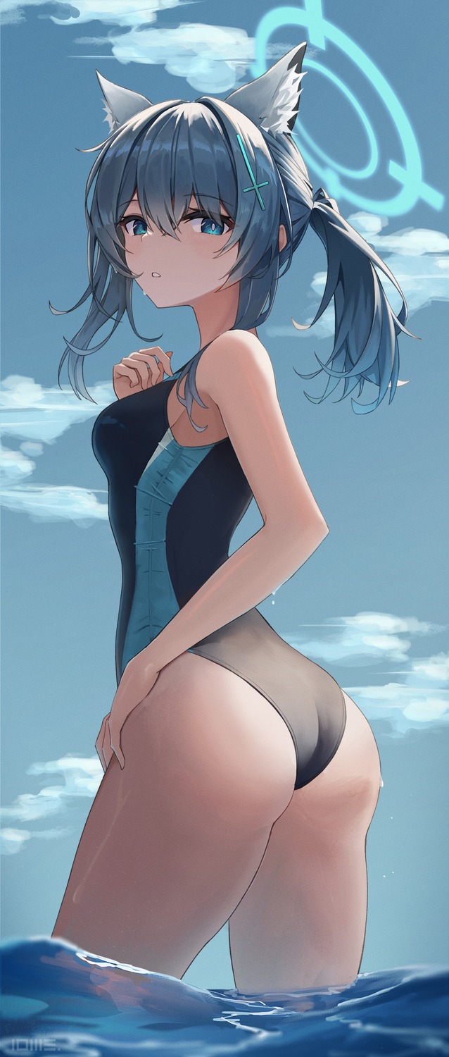 animal_ears, ass, blue_archive, halo, lows., nekomimi, sunaookami_shiroko, swimsuits, wet