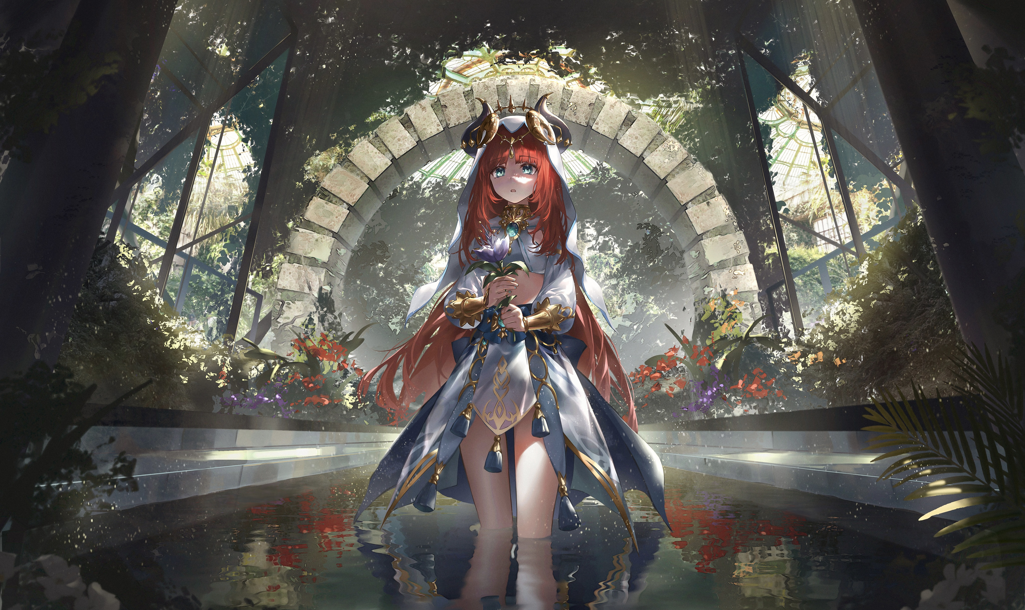 genshin_impact, horns, landscape, nilou, no_bra, wet, zeklewa