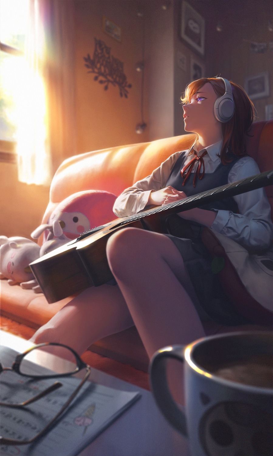 guitar, headphones, love_live!_(series), love_live!_superstar!!, namako_mikan, seifuku, shibuya_kanon