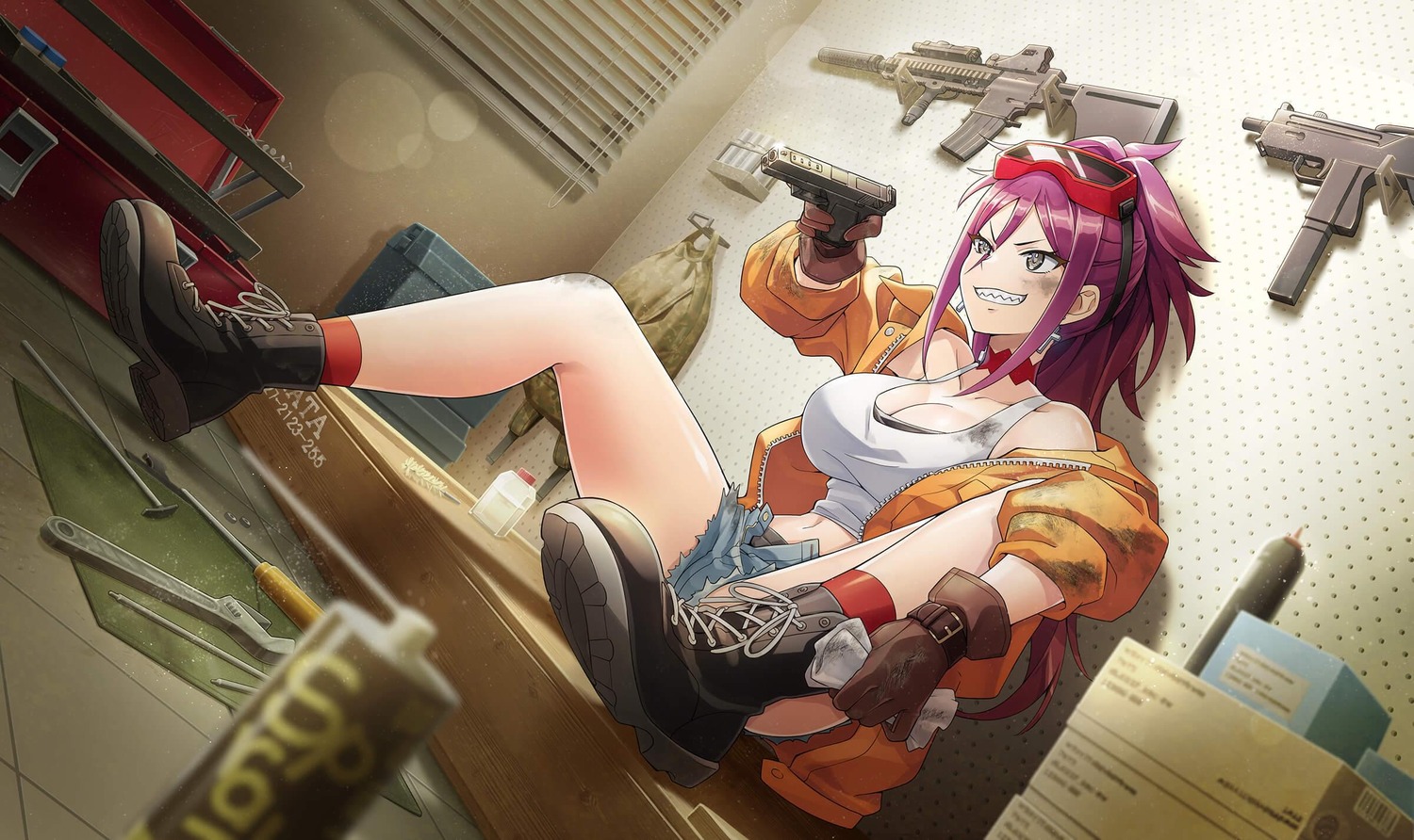 cleavage, dolphin_wave, gun, kurenashi_yuuri, takuji, torn_clothes