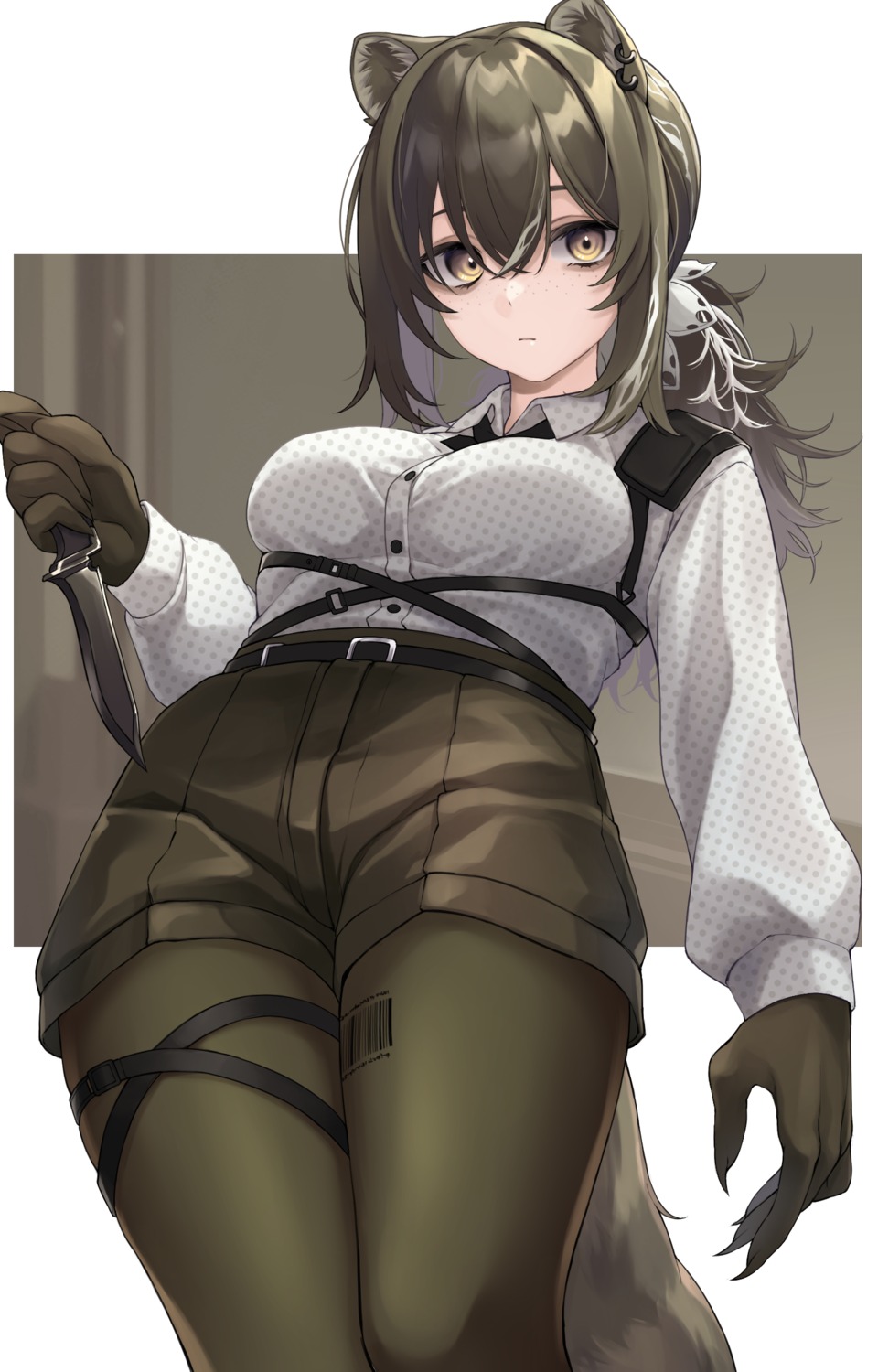 animal_ears, arknights, garter, nameko_houshi, pantyhose, robin_(arknights), tail, weapon