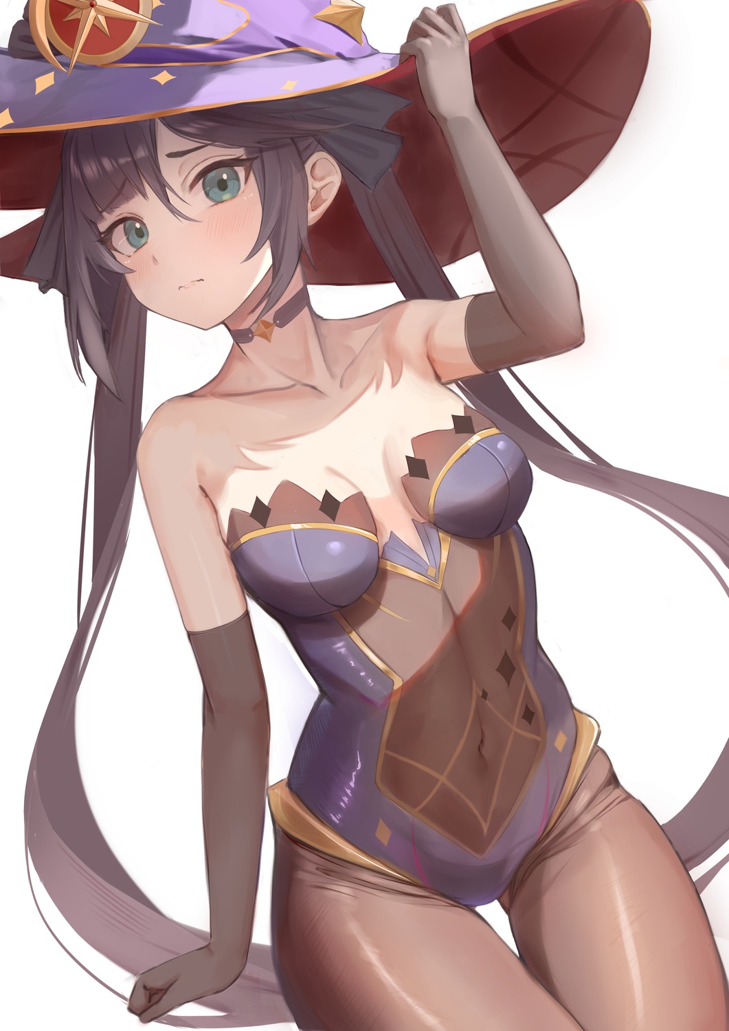 genshin_impact, hanamaru_tsubaki, leotard, mona_megistus, no_bra, pantyhose, witch