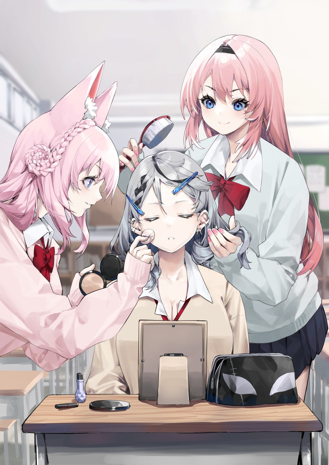 animal_ears, cleavage, hakui_koyori, hololive, mikan_(chipstar182), sakamata_chloe, seifuku, sweater