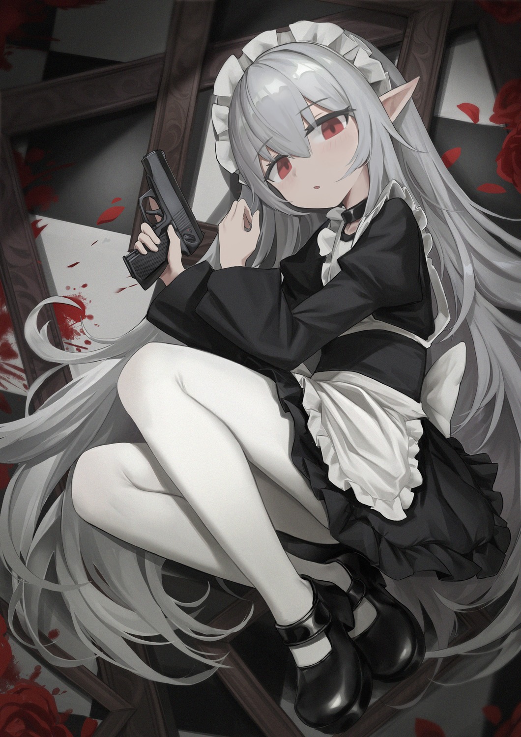 blood, gun, maid, pantyhose, pointy_ears, skirt_lift, ye_yemail