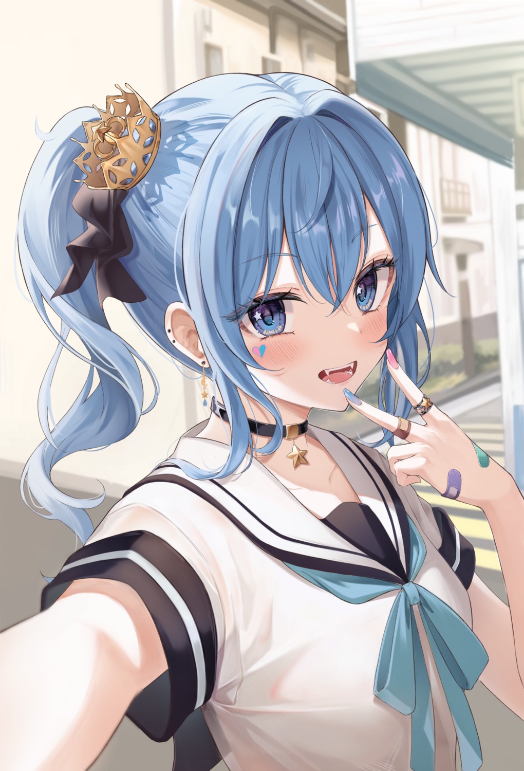 bandaid, hololive, hoshimachi_suisei, seifuku, selfie, sira_(user_dswn7488), tattoo
