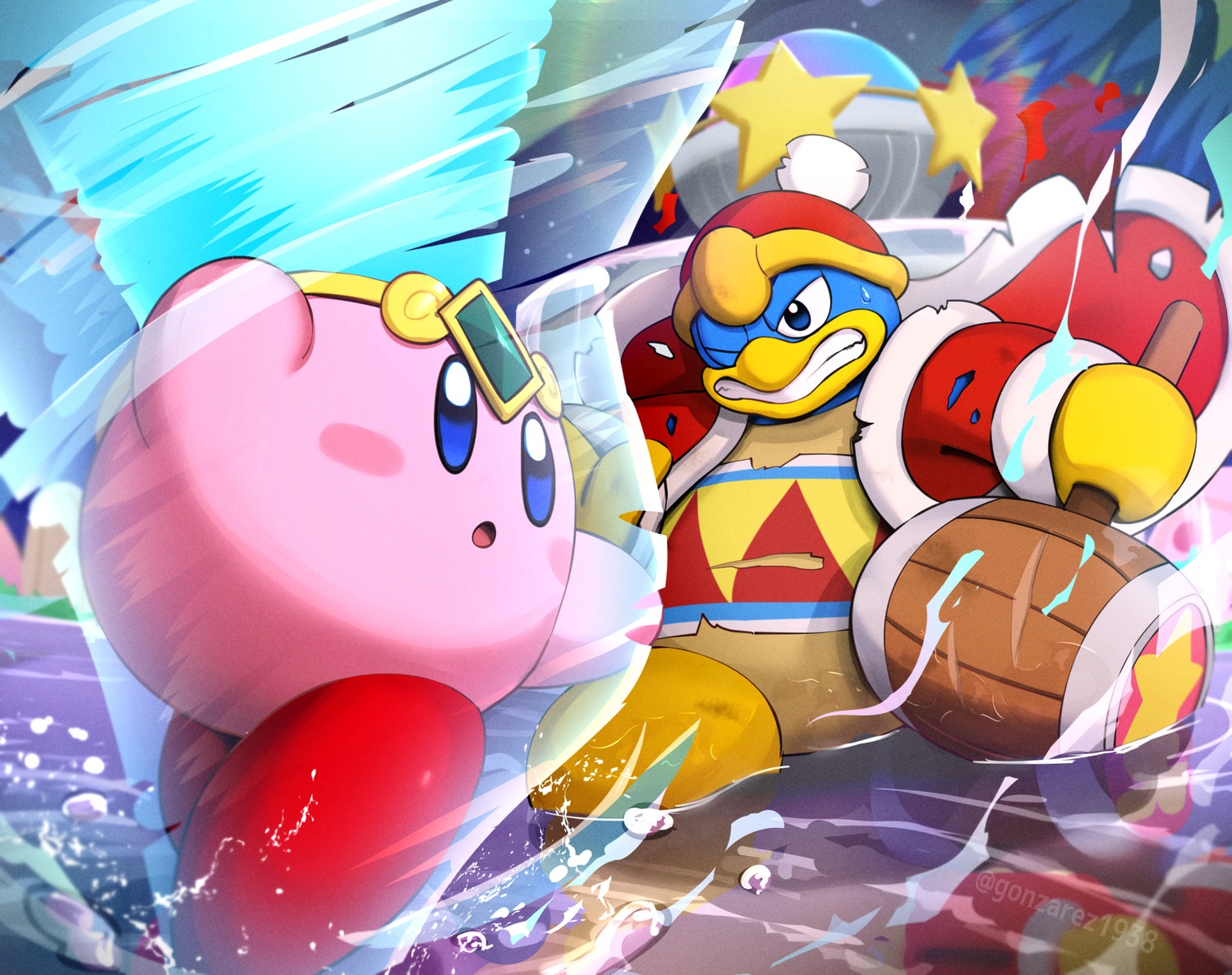 gonzarez, king_dedede, kirby, kirby_(character), penguin, weapon