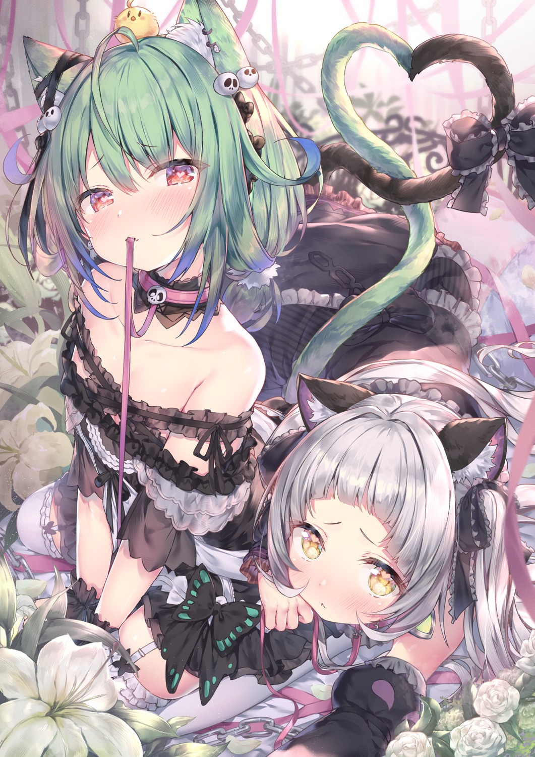 animal_ears, gothic_lolita, hololive, lolita_fashion, murasaki_shion, nekomimi, no_bra, stockings