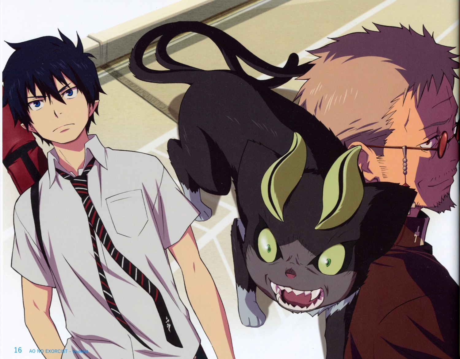 ao_no_exorcist, fujimoto_shiro, horns, kuro_(ao_no_exorcist), male, megane, neko, okumura_rin