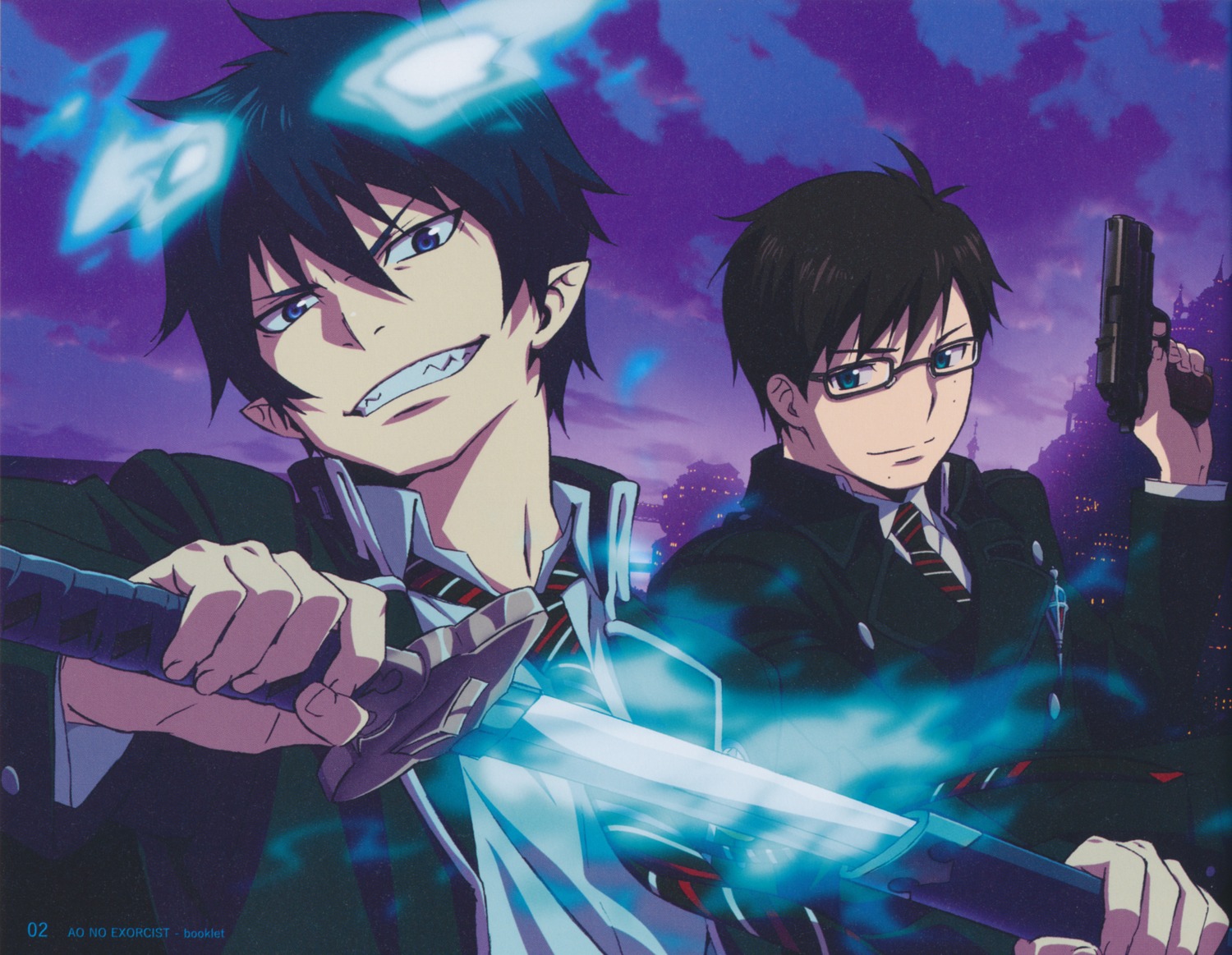 ao_no_exorcist, gun, male, megane, okumura_rin, okumura_yukio, pointy_ears, possible_duplicate