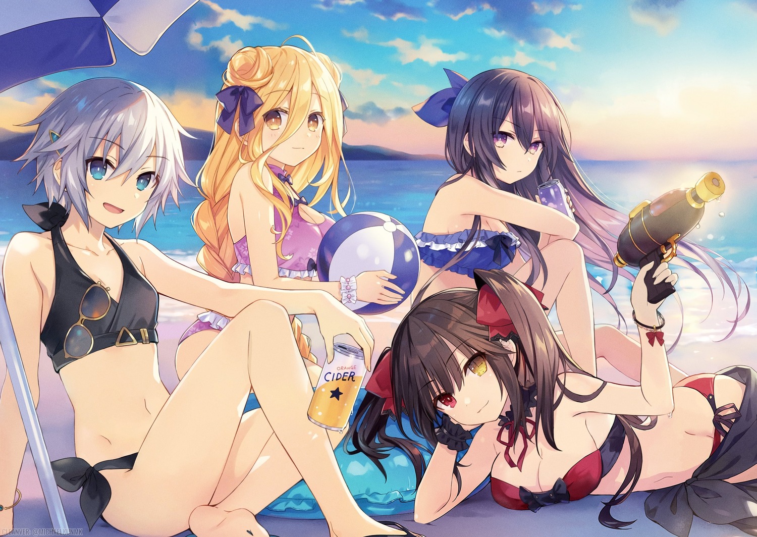 bikini, cleavage, date_a_live, gun, heterochromia, honjou_nia_(date_a_live), hoshimiya_mukuro, megane, swimsuits, tokisaki_kurumi, tsunako, yatogami_tenka