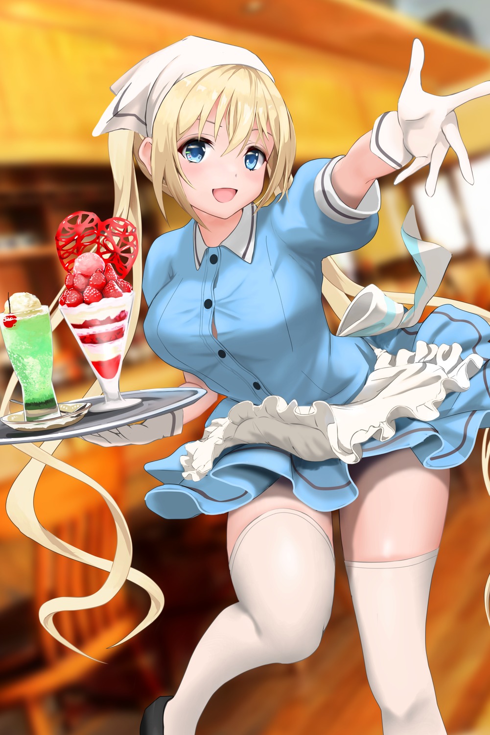 blend_s, gibun_(sozoshu), hinata_kaho, skirt_lift, thighhighs, waitress