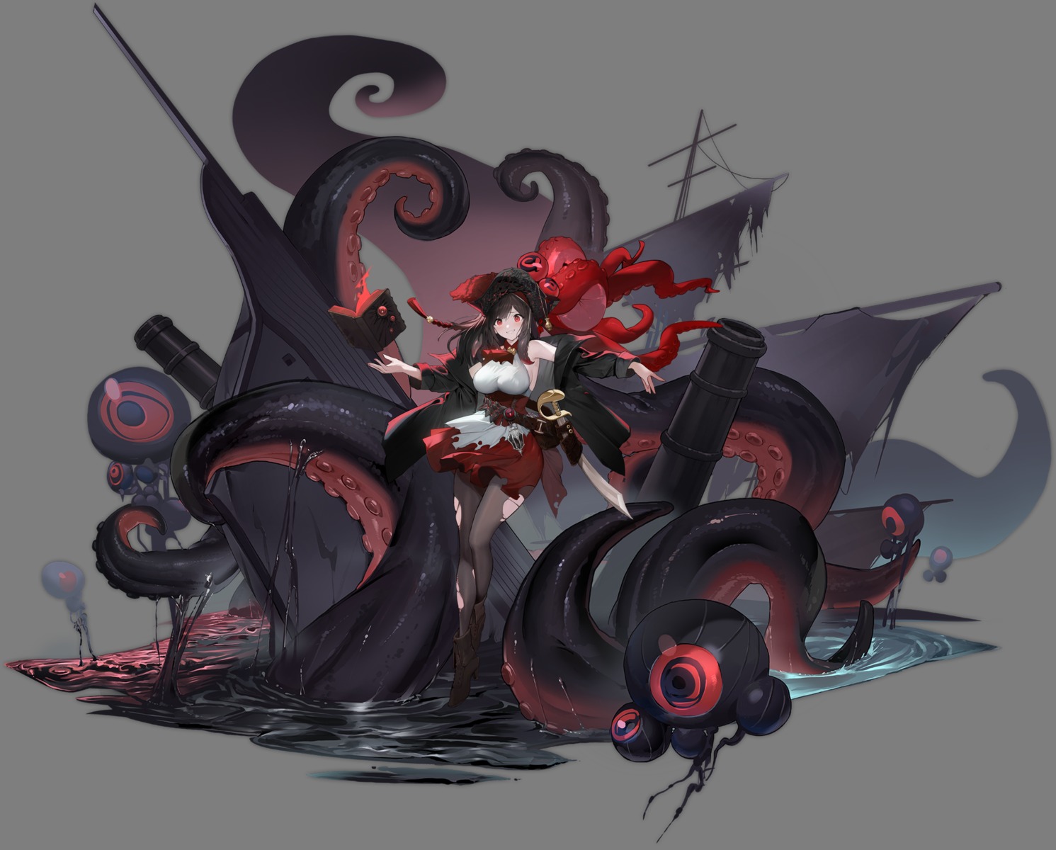 azur_lane, no_bra, pantyhose, royal_fortune_(azur_lane), souji_hougu, sword, tentacles, torn_clothes, transparent_png, wet