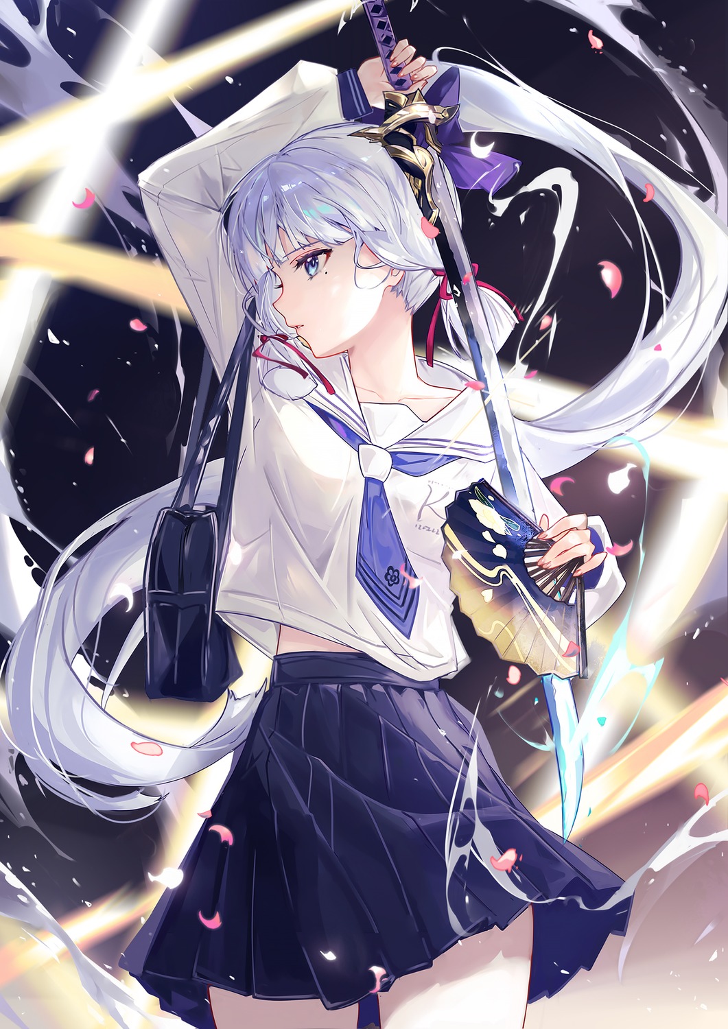 genshin_impact, kamisato_ayaka, seifuku, skirt_lift, sword, vardan