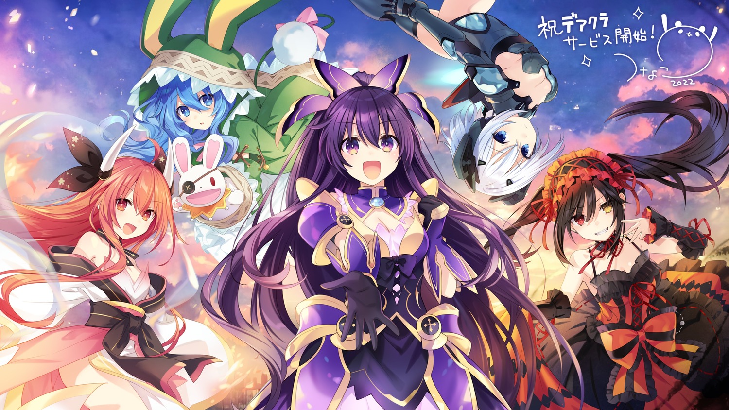 animal_ears, armor, bunny_ears, cleavage, date_a_live, dress, eyepatch, gothic_lolita, heterochromia, himekawa_yoshino, horns, itsuka_kotori, japanese_clothes, lolita_fashion, no_bra, tail, tobiichi_origami, tokisaki_kurumi, tsunako, yatogami_tooka