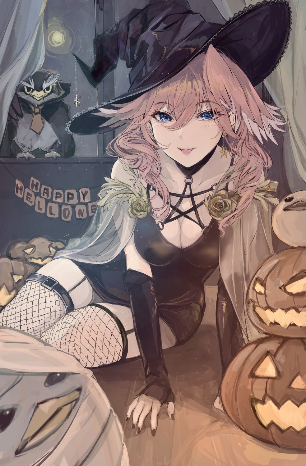 cleavage, dress, fishnets, ganmo_(takane_lui), garter_belt, halloween, hololive, see_through
