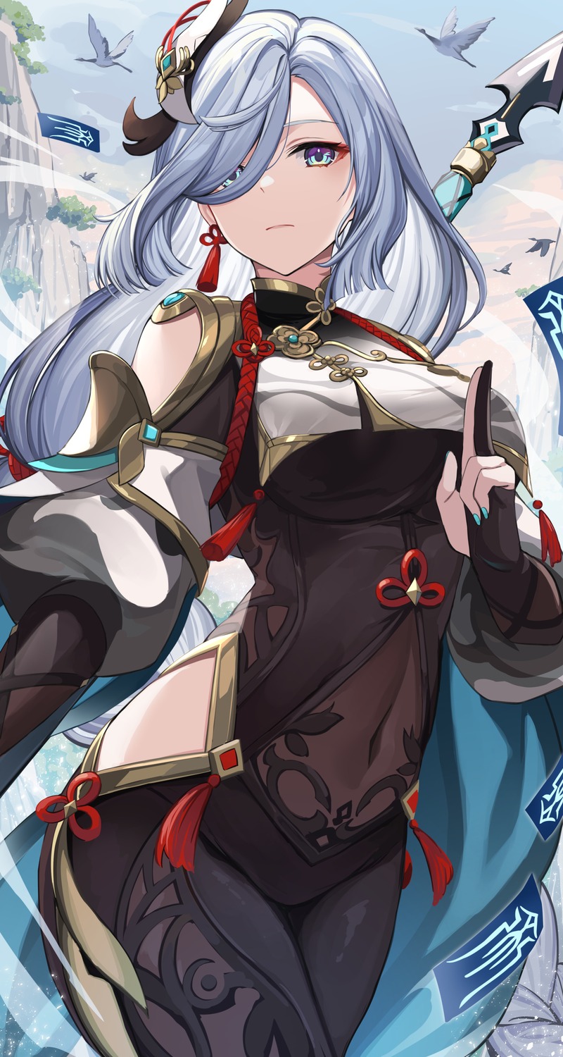 asian_clothes, bodysuit, genshin_impact, see_through, shenhe, takehana_note, weapon