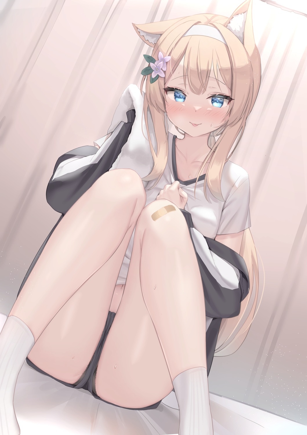 animal_ears, bandaid, blue_archive, gym_uniform, iochi_mari, nekomimi, reinama, towel