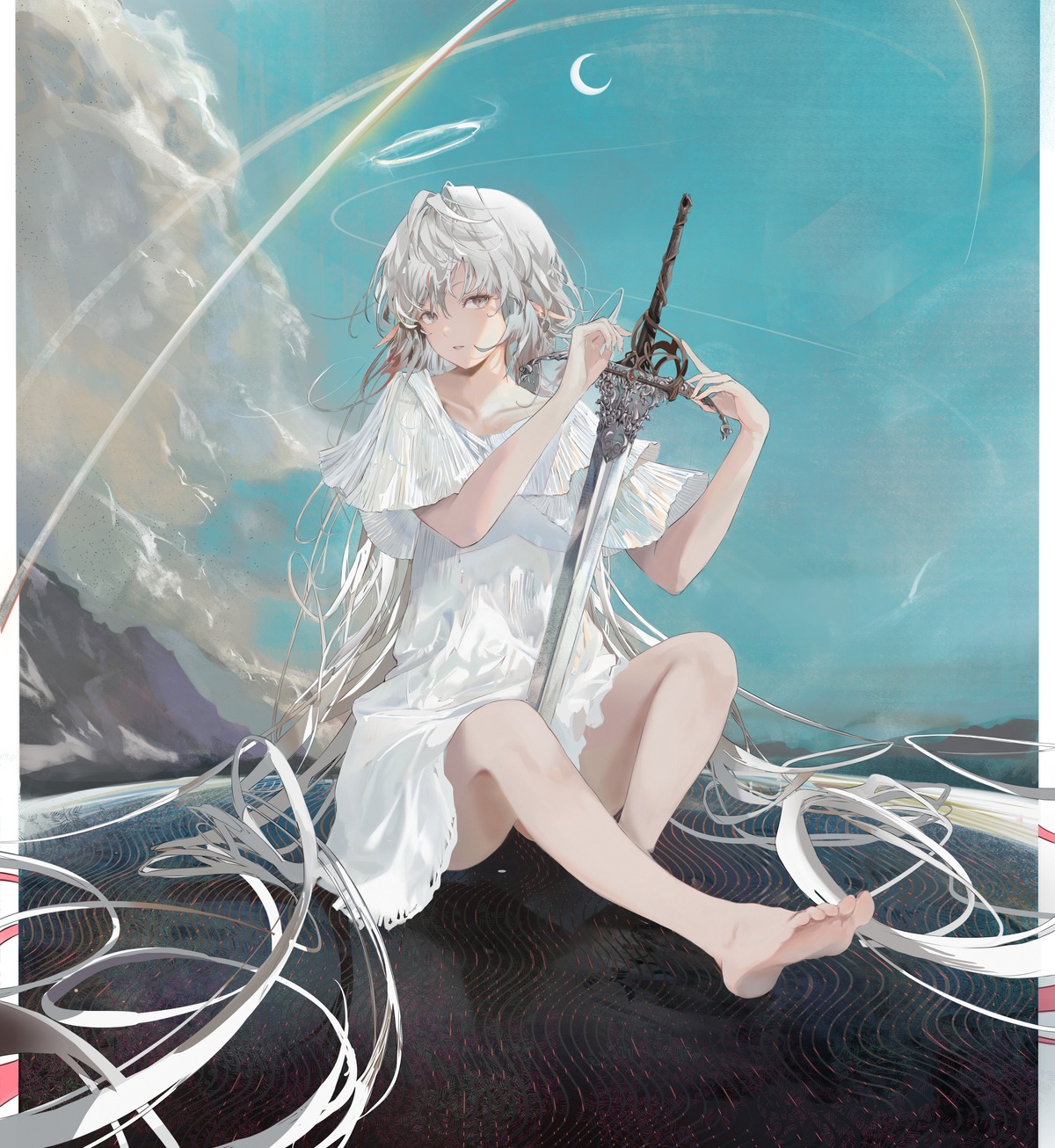 dress, feet, jenmin12, pointy_ears, sword