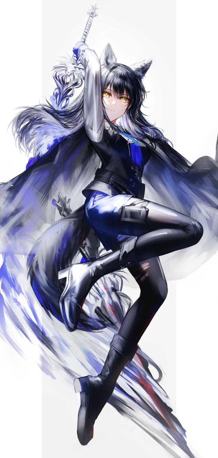 akqne, animal_ears, arknights, garter, heels, pantyhose, sword, tail, texas_(arknights), torn_clothes