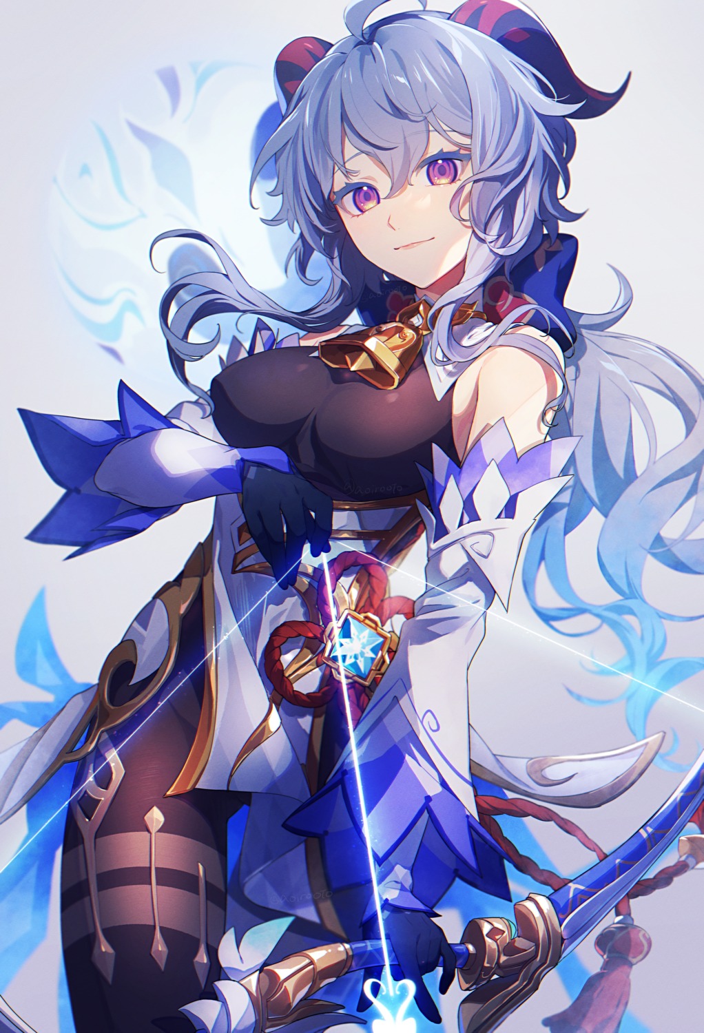 aoppoi_oto, asian_clothes, ganyu, genshin_impact, horns, leotard, no_bra, pantyhose, skirt_lift, weapon