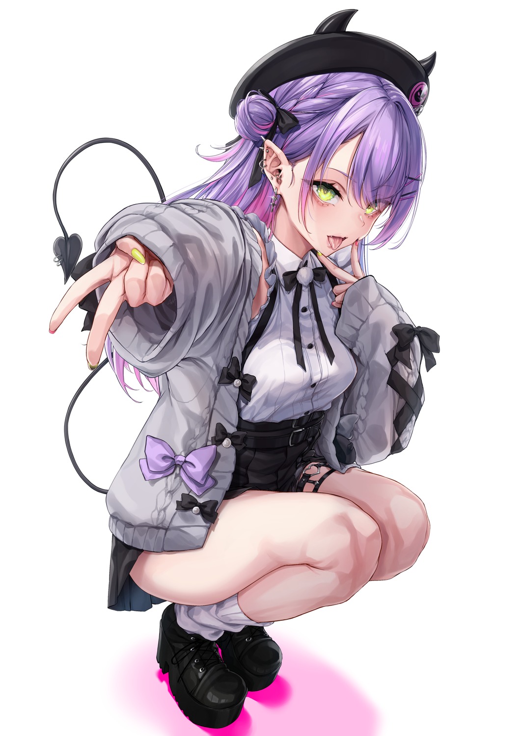 garter, hololive, kurofude_anna, pointy_ears, sweater, tail, tokoyami_towa